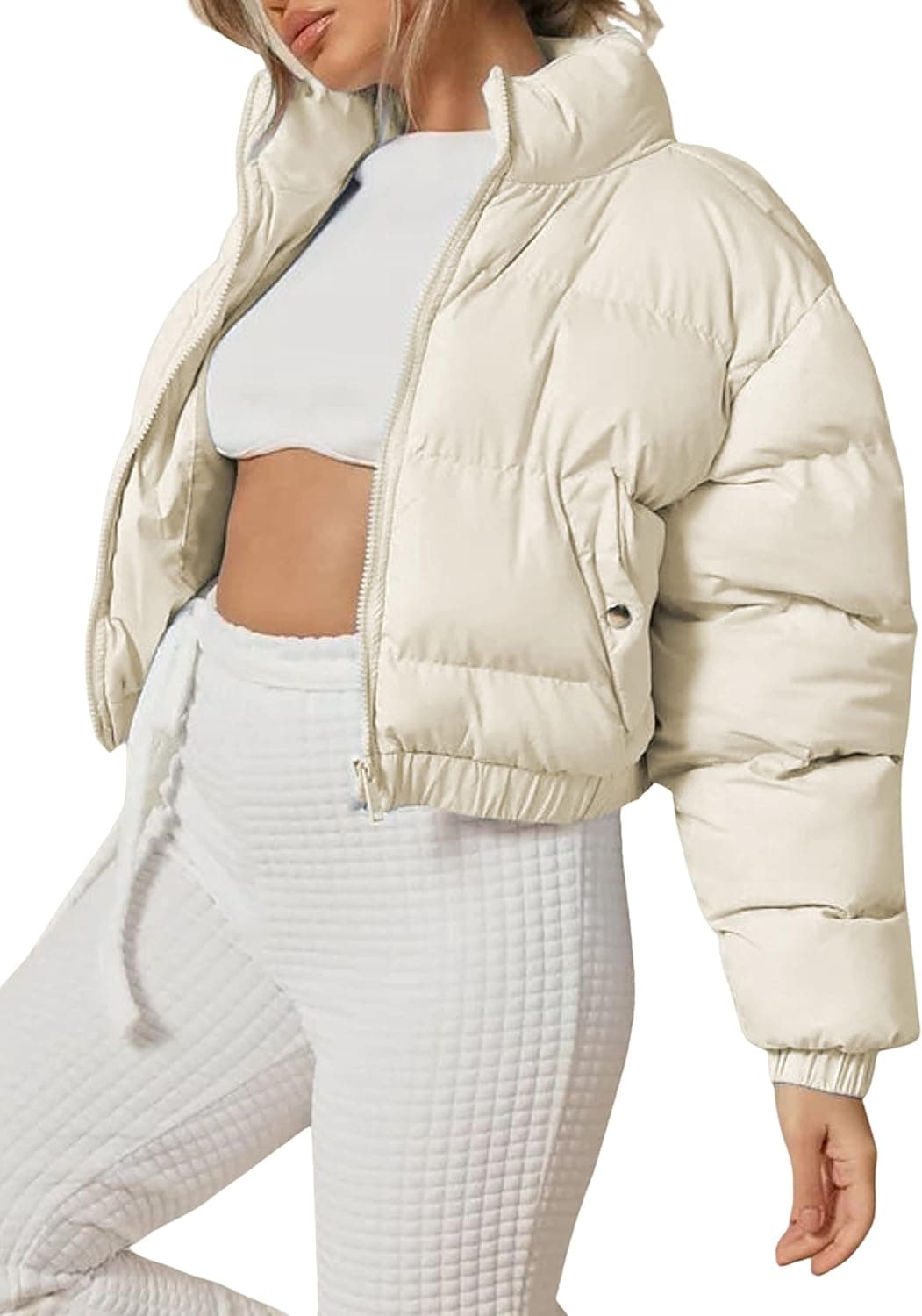 Zhiyouni Womens Cropped Puffer Jackets Zip Long Sleeves Padded Winter Outerwear