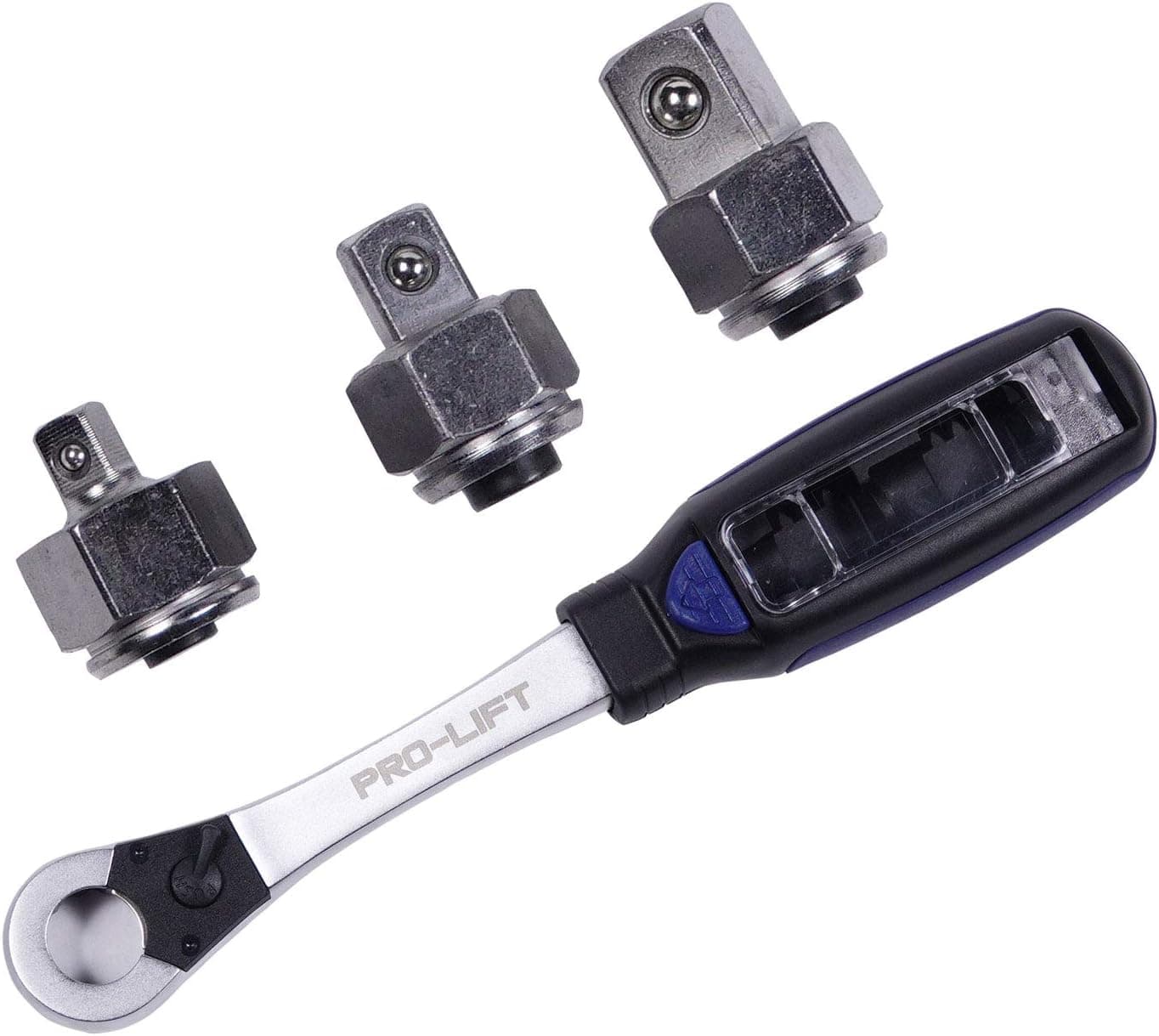 Pro-LifT 3 in 1 Go Through Ratchet Wrench Handle - 3-pcs Drive Adaptor 1/2" 1/4" and 3/8" - Quick Release for Sockets with 72-Tooth Oval Head and Adaptor Storage (MPS01001)