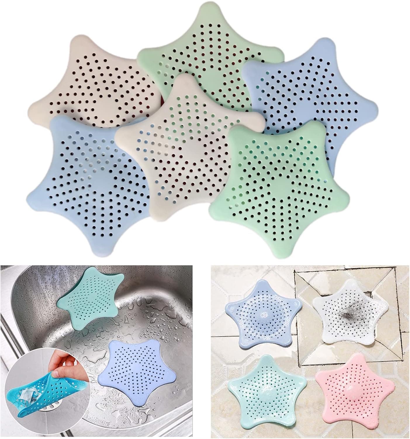 Starfish Floor Drain Cover, Hair Catcher, Drainage Cover, Suitable for Kitchen, Bathroom, Balcony, Blue, White, Green 6PCS (6PCS)