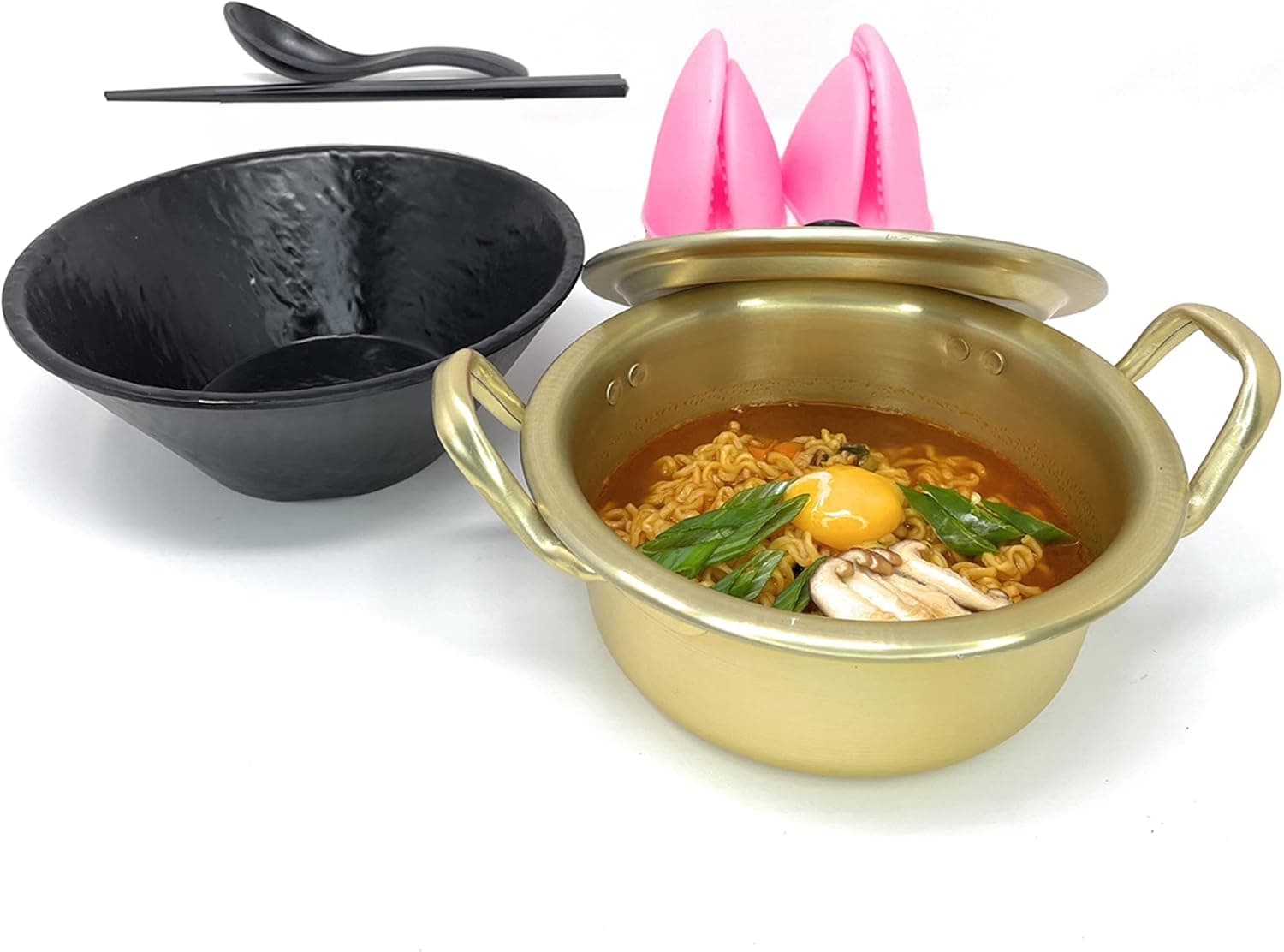 Jovely Korean Traditional Instant Ramen Small Hot Pot Set, 6.3" Aluminum Noodle Hot Pot(16cm, 1 Quart) with Lid, Silicone Hot Pot Holder, Premium Melamine Ramen Bowl, Chopsticks and Spoon Pack