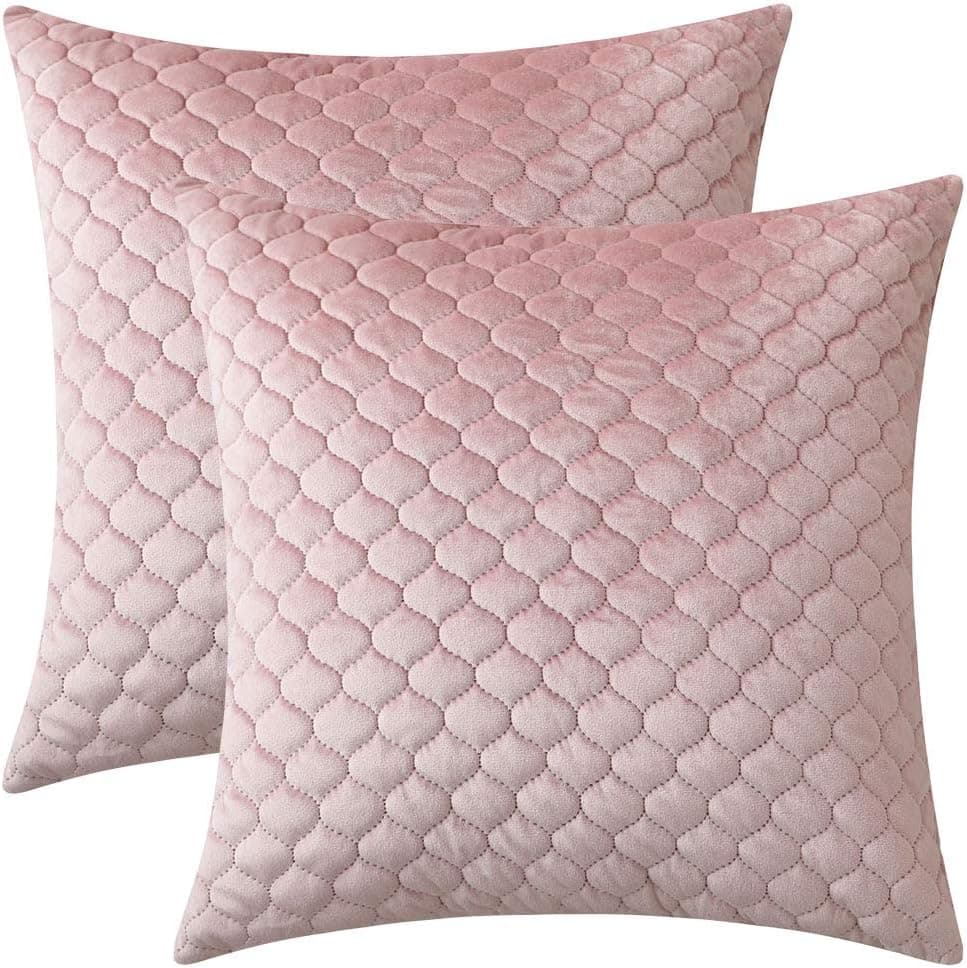 Rythome Set of 2 Decorative Pattern Throw Pillow Cases, Comfortable Quilted Velvet Cushion Covers for Sofa Couch and Bed - 18"x18", Dusty Rose
