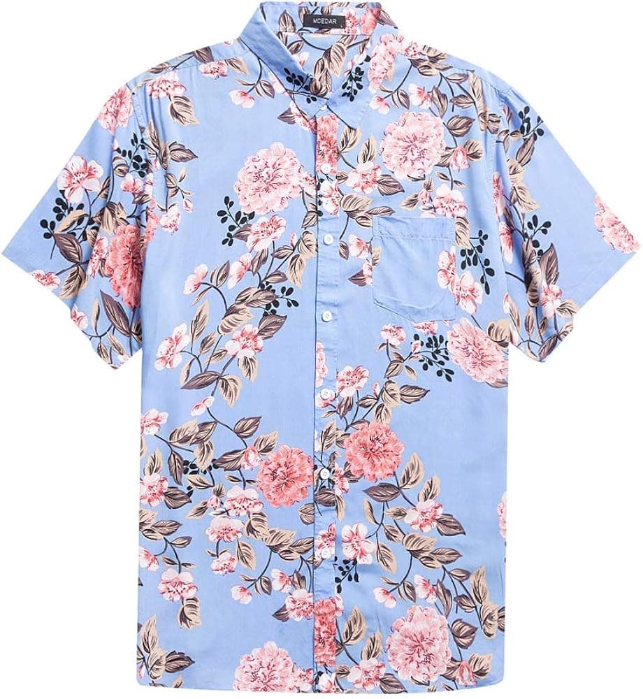 MCEDAR Men's Hawaiian Short Sleeve Shirt Suits Aloha Flower Print Suits Casual Button Down Standard Fit Beach Shirts Suits
