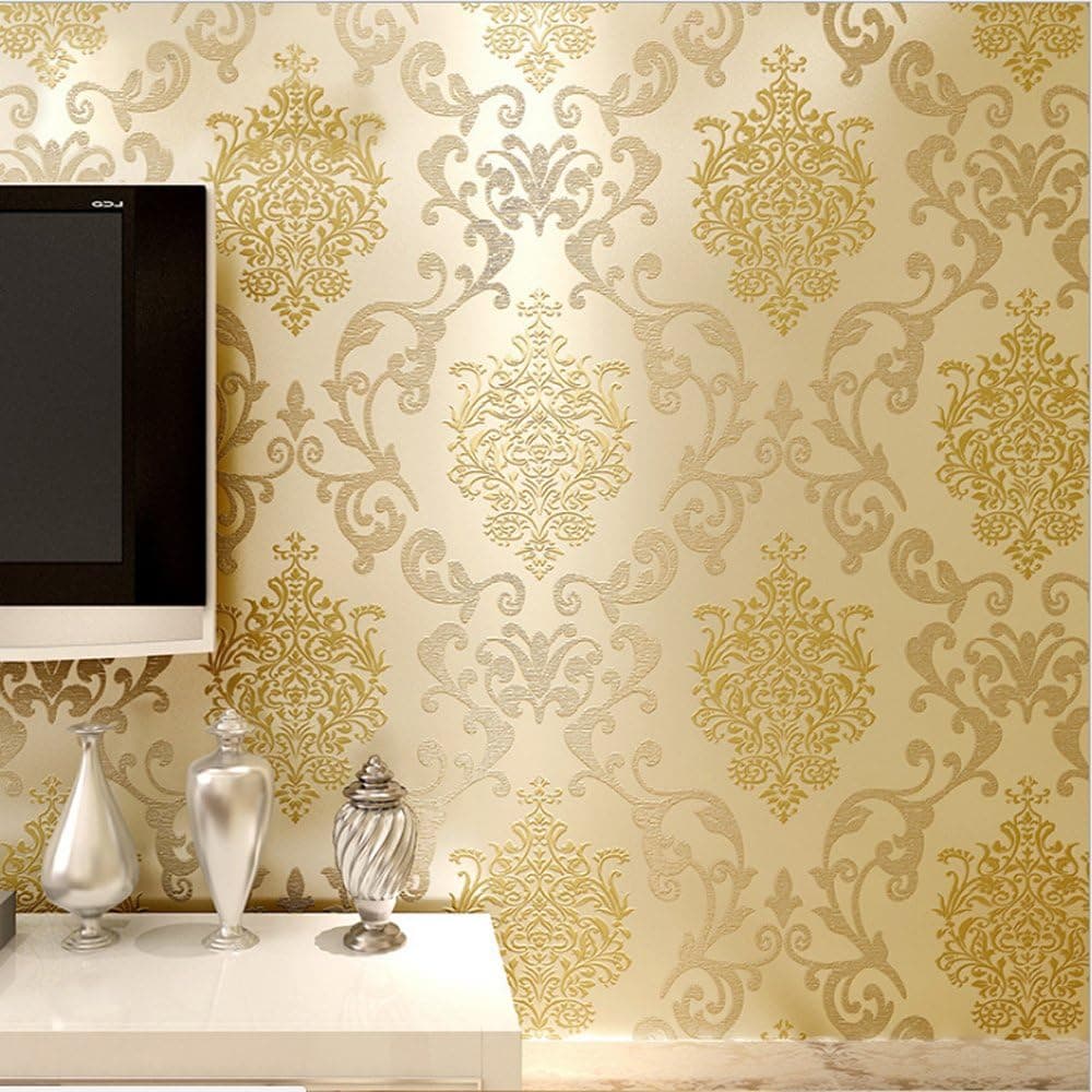 DAWEI 3D Luxury Damascus Pearl Powder Non-Woven Wallpaper Roll for Living Room Beige Color 1.73'W x 32.8'L