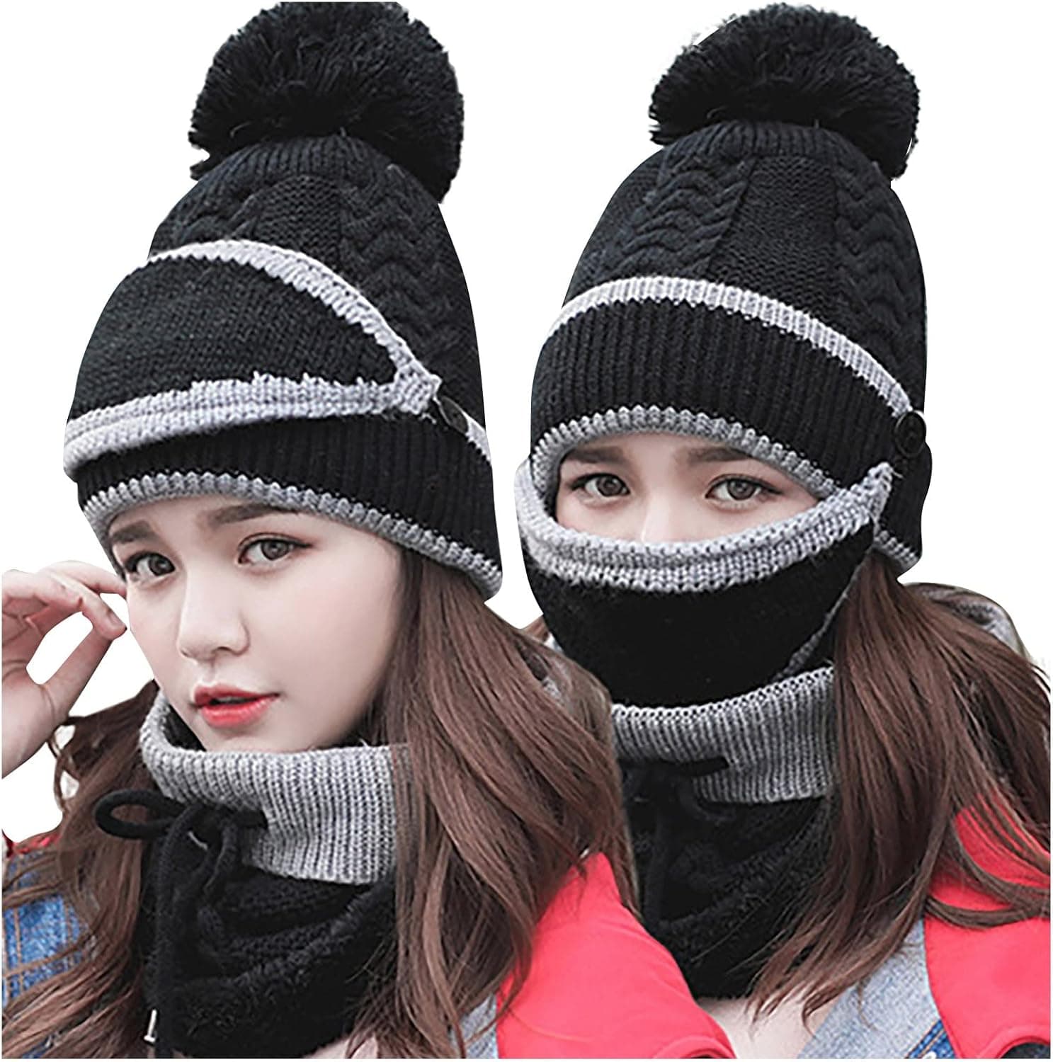 FlekmanArt Hat Scarf and Mask Set Women Three-Piece Hat Set Winter Windproof Warm Beanie Hat Outdoor Knitted Ski Hat