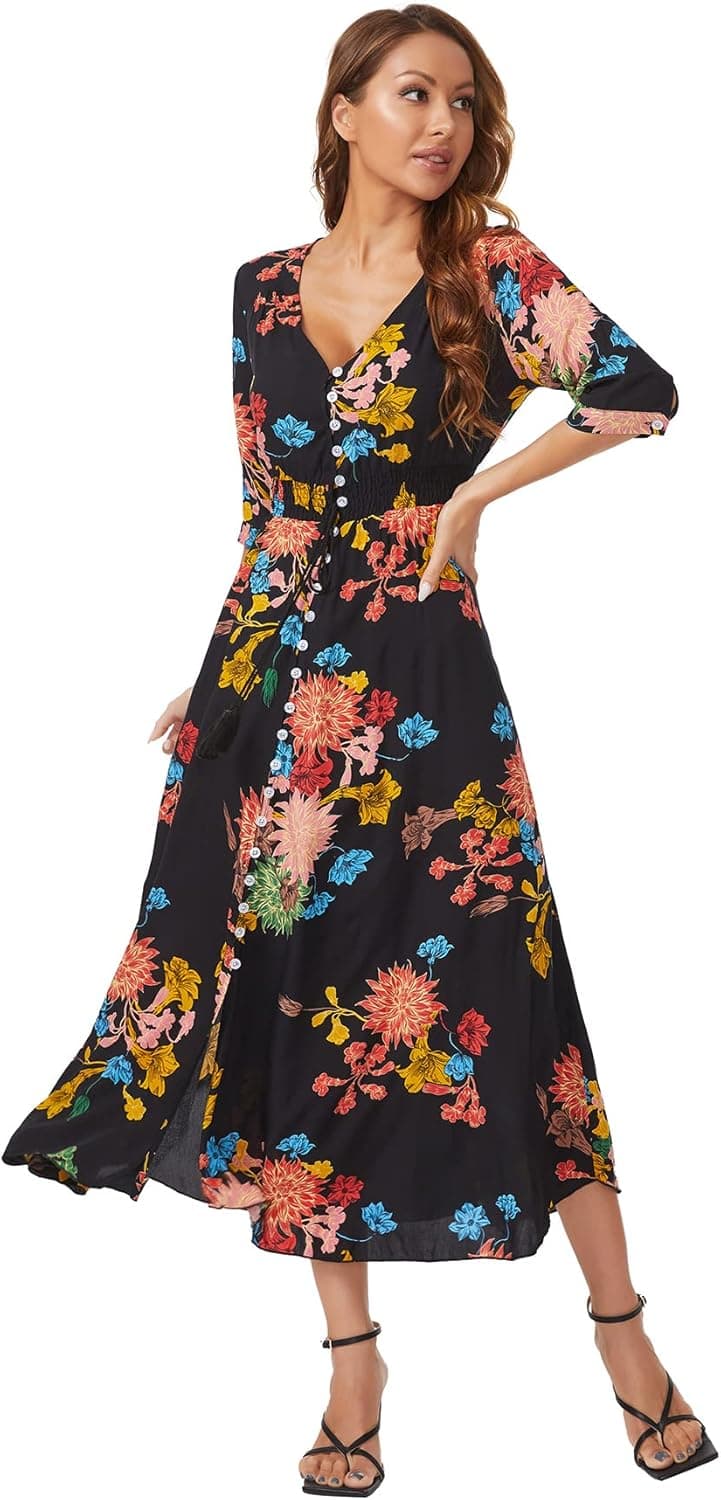 Milumia Women's Button Up Split Floral Print Flowy Party Maxi Dress