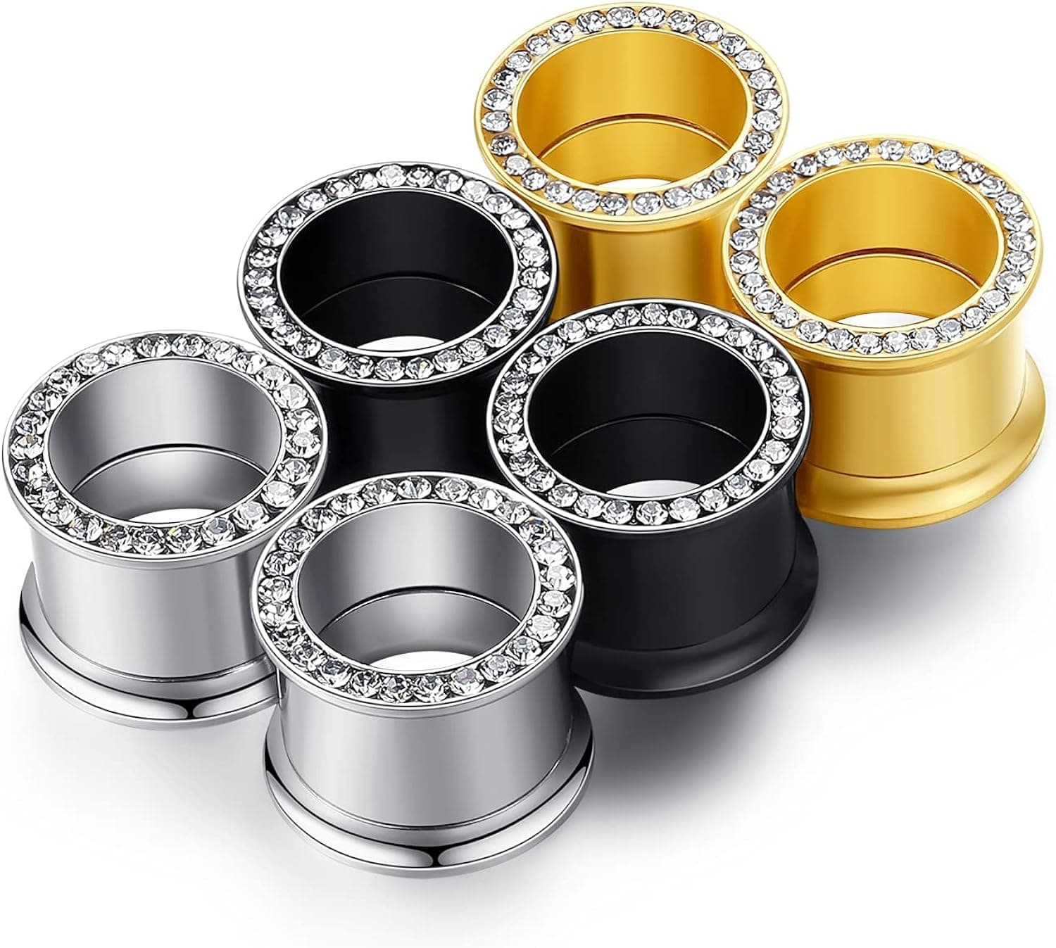 WBRWP Unisex Women and Men 6pcs/8pcs-3pairs/4pairs Hollow Zircon Stainless Steel Screw Ear Plugs Tunnels with ZirconEar Plugs Tunnels - Ear Expander - Ear Gauges Stretcher Body Piercing 8g-5/8
