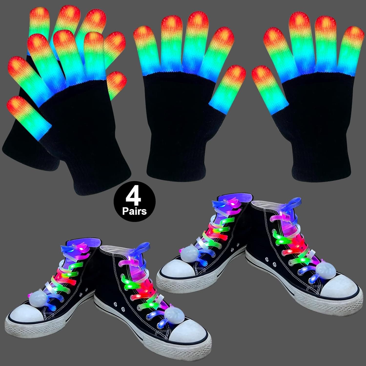 4 Pairs LED Gloves Shoelaces Set, Christmas Stocking Stuffers Gifts for Kids 4-10 Years Old Light Up Gloves New Years Party Favors Toys for Boys Girls New Years Eve Glow in The Dark Party Supplies