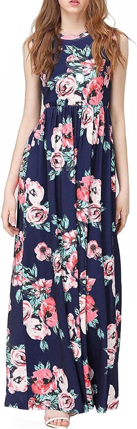 GABREBI Women's Sleeveless Maxi Dress Vintage Floral Print Casual Long Tunic Dresses (Dark Blue M)