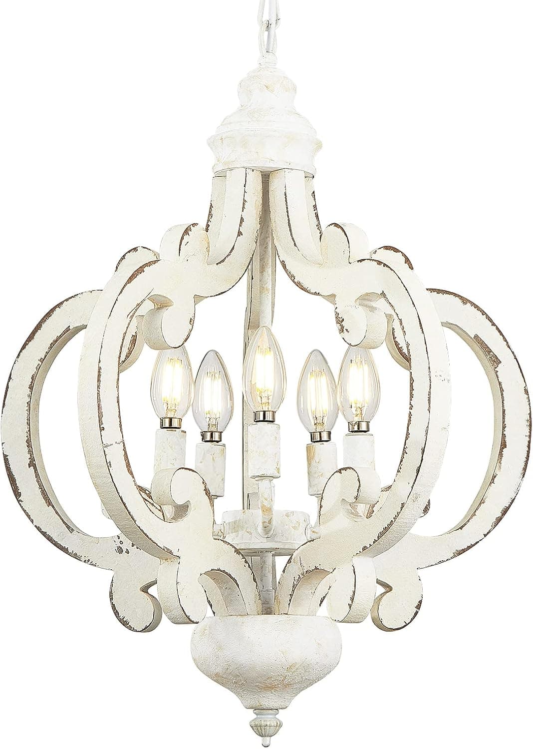 Farmhouse Chandeliers Handmade Distressed White Wood Pendant Light,5-Light Country Hanging Light Fixture for Dining Room,Kitchen Island Bedroom Foyer Hallway(White, 5-Light)