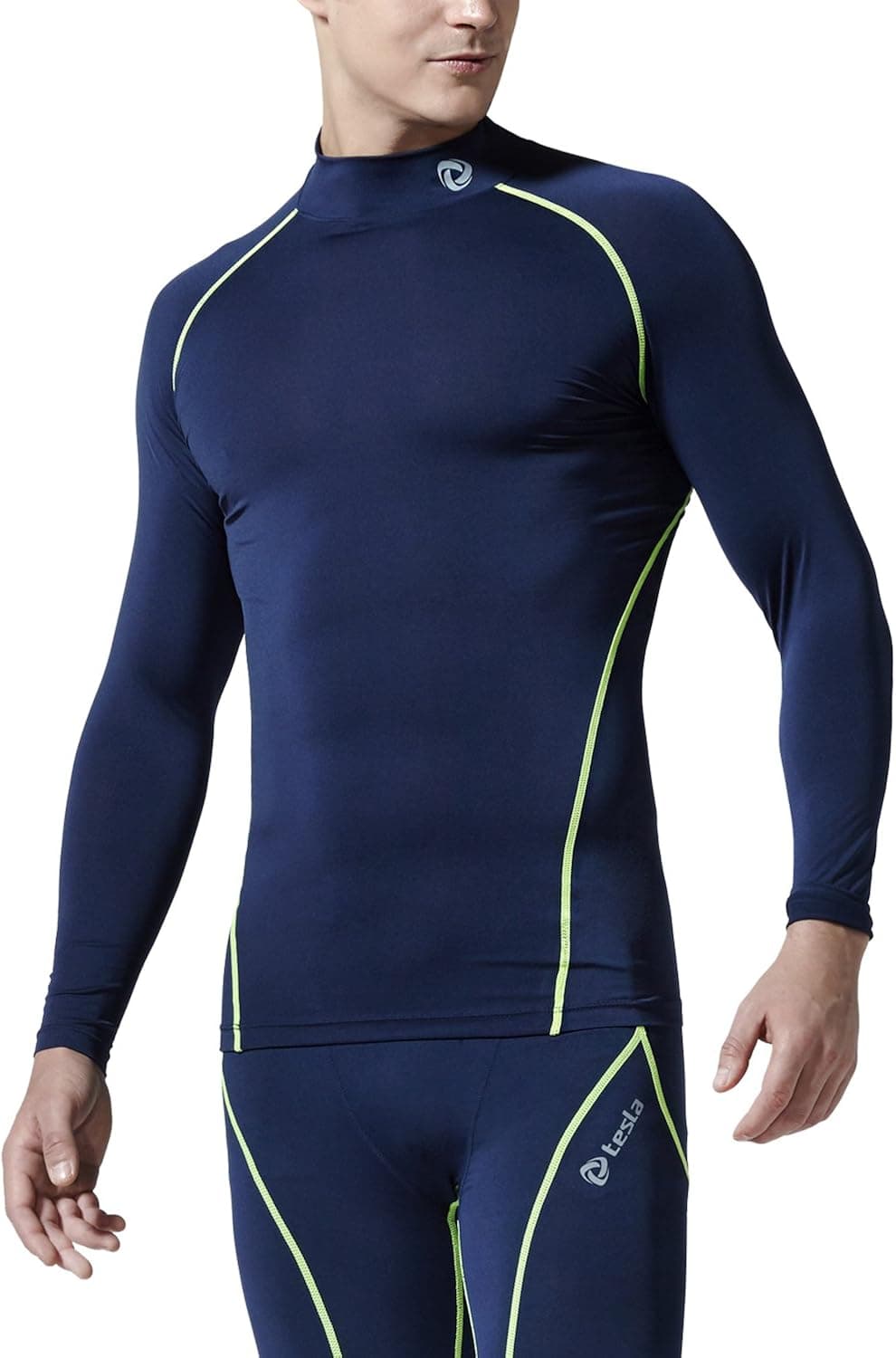 TSLA Men's Mock Long-Sleeved T-Shirt Cool Dry Compression Baselayer Top, Zero Basic(t11) - Navy, 2X-Large.