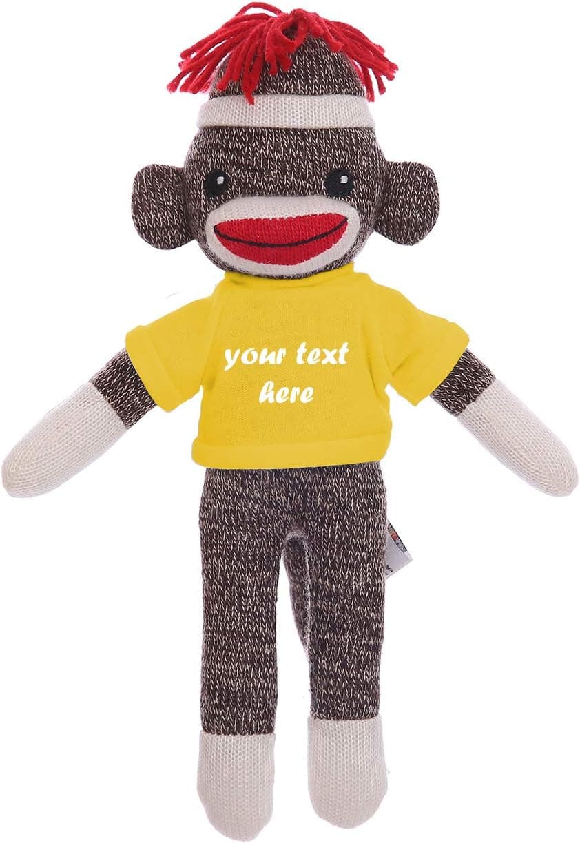 Plushland Cute Brown Sock Monkey 8 Inch, Stuffed Animal Personalized Gift - Custom Text on Shirt - Great Present for Mothers Day, Valentine Day, Graduation Day, Birthday (Yellow)