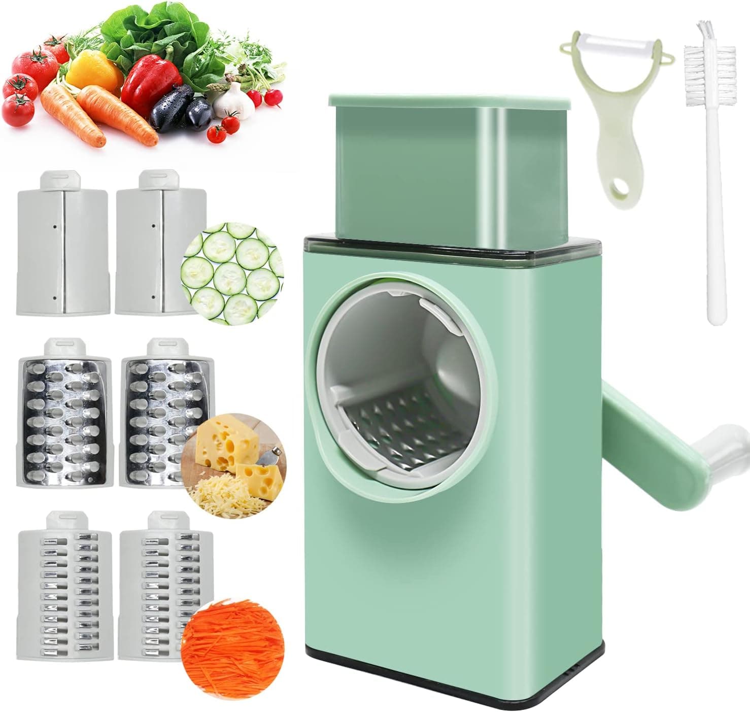 Rotary Cheese Grater, Upgraded Cheese Shredder with Handle, 3 in 1 Vegetable Cutter Spiralizer Vegetable Slicer for Cheese, Vegetables and Nuts, 3 Interchangeable Blades