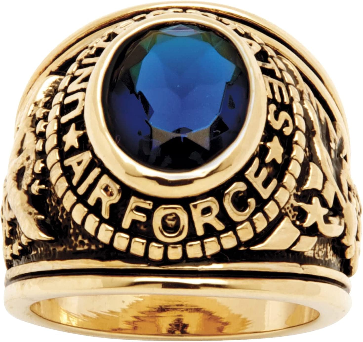 PalmBeach Jewelry Men's 14K Yellow Gold Plated Antiqued Oval Cut Simulated Red Ruby or Simulated Blue Sapphire Military Ring
