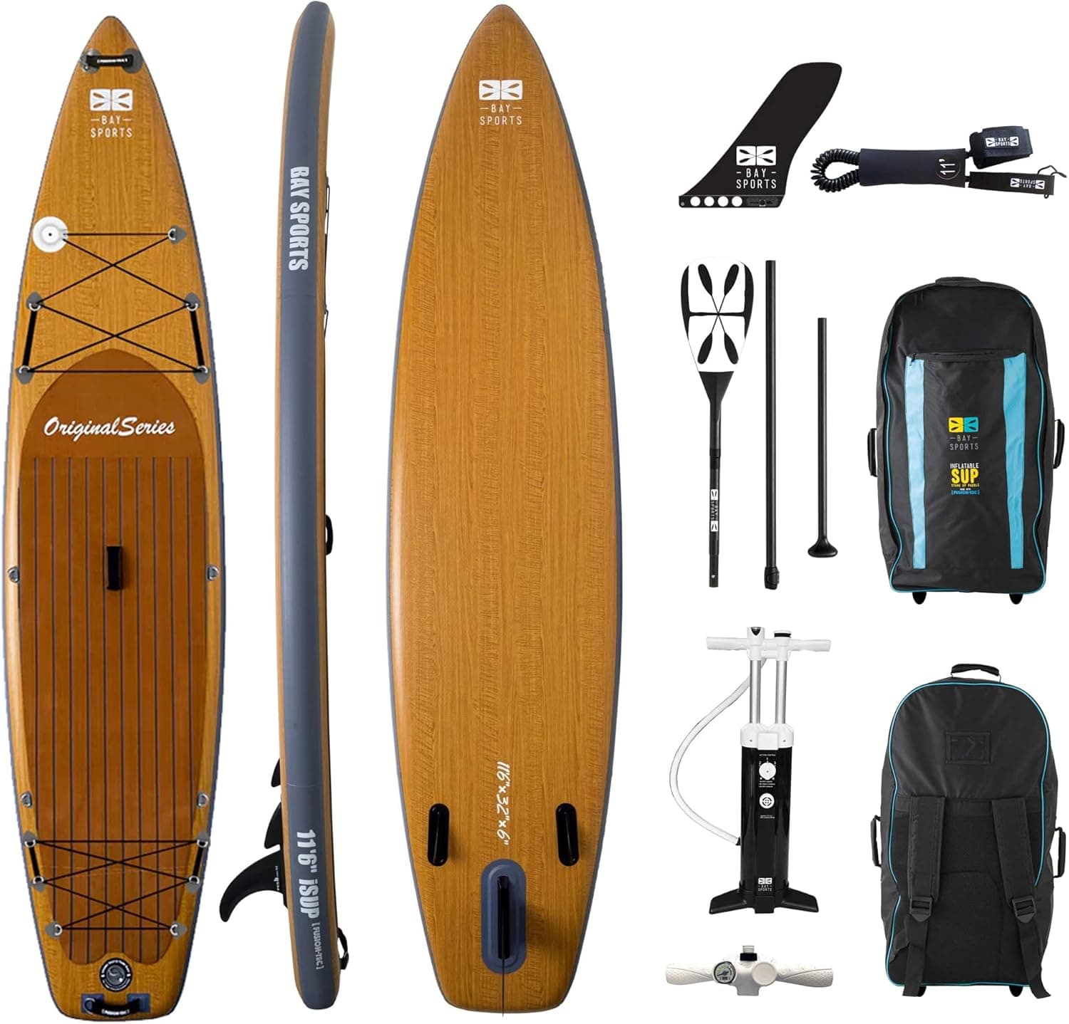 Bay Sports 11'6" Premium Inflatable SUP Board Original Series iSUP - with Fibreglass 3-Piece Adjustable Paddle, Helios Triple Action Pump and 9" 'Click-in' Fin - Designed in Australia