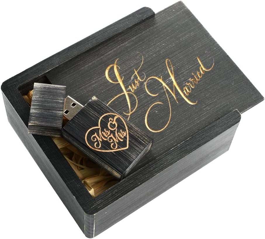 Mrs & Mrs Wooden 16GB 2.0 USB Flash Drive - Inserted into a Engraved Matching Box with Raffia Grass Inside. Just Married Design! (Nighshade Black)