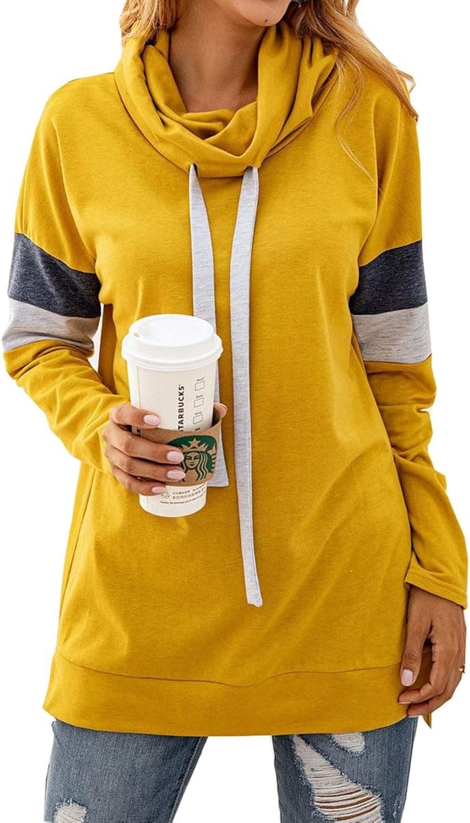 Barlver Women Zip up Hoodie Color Block Cowl Neck Drawstring Hooded Sweatshirt Pullover Sweater with Pockets