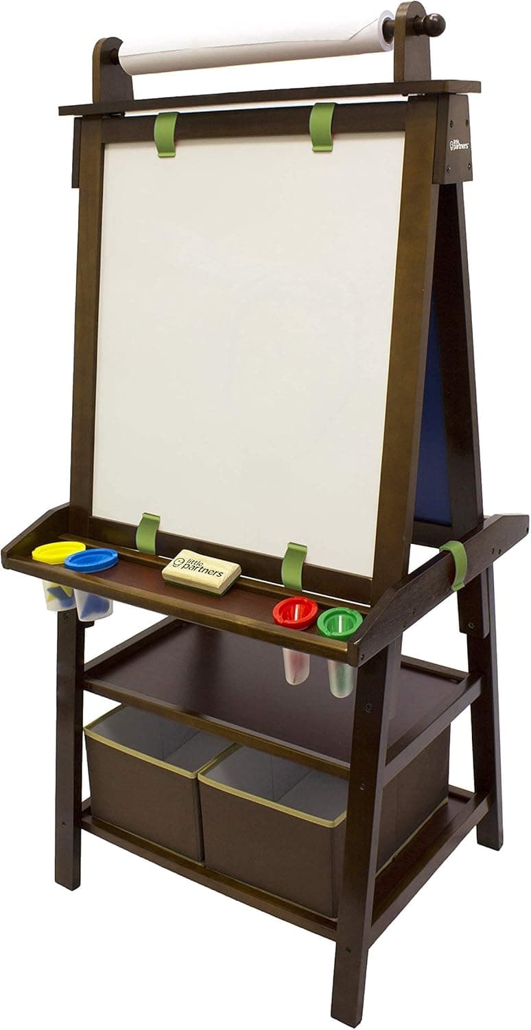 Little Partners 2-Sided A-Frame Art Easel with Chalk Board, Magnetic Dry Erase, Storage, Paper Feed and Accessories for Toddlers, Espresso