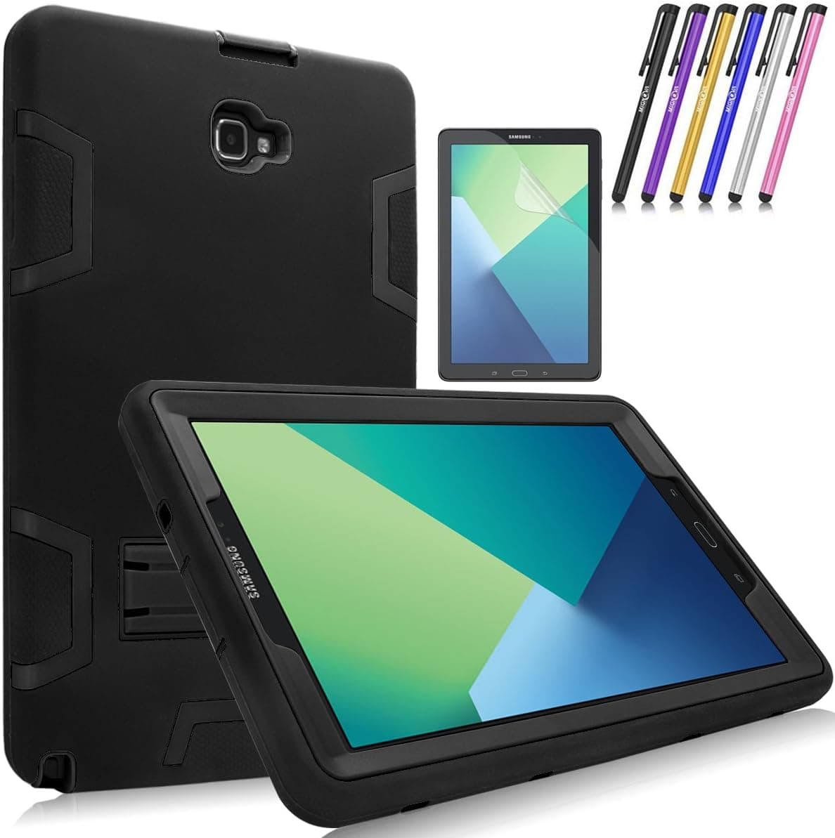 Mignova Heavy Duty Hybrid Protective Case with Build in Kickstand for Samsung Galaxy Tab A 10.1 with S Pen SM-P580 SM-P585 + Screen Protector Film and Stylus Pen (Black/Black)