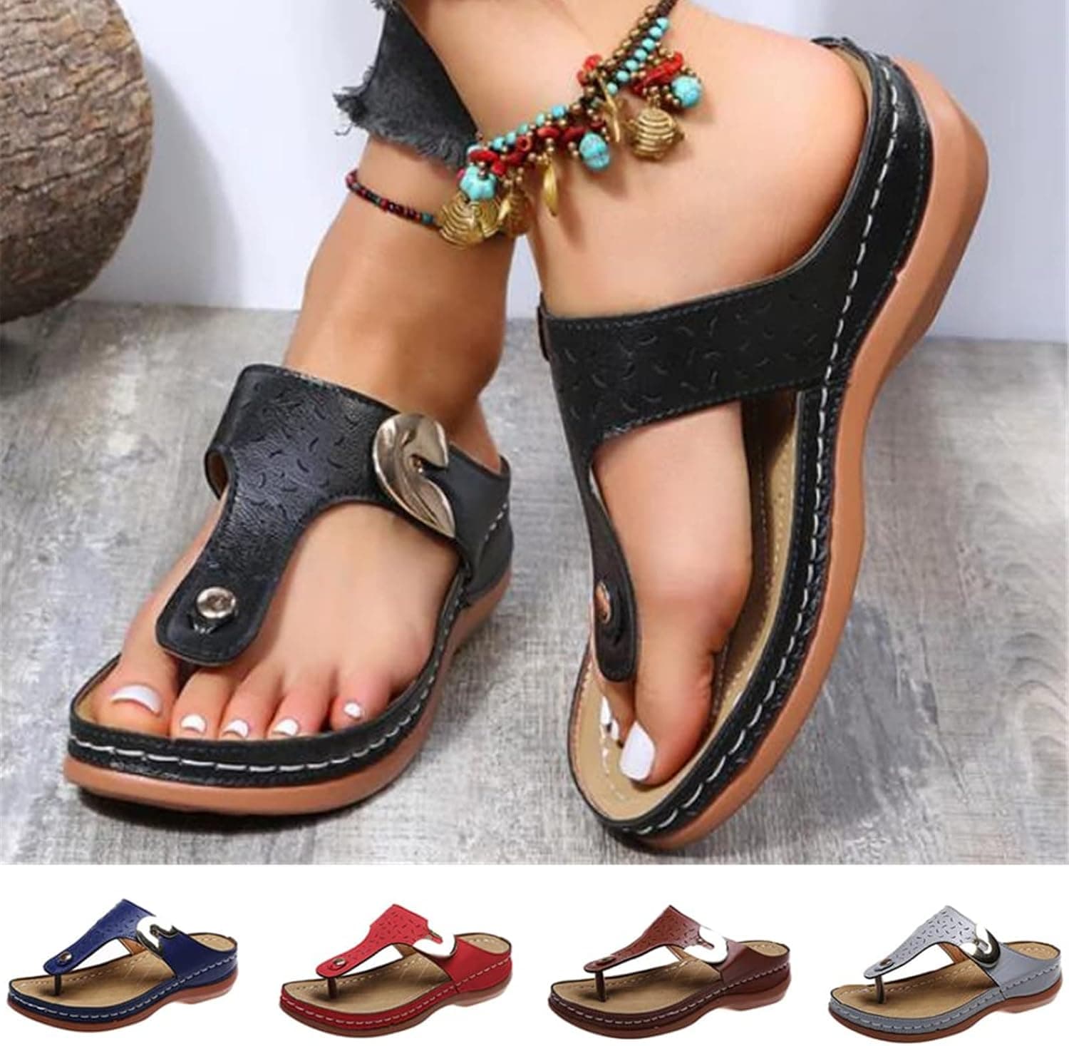 2022 Summer New Women's Metal Decor Feature Pattern Wedge Flip-Flops, Wedge Sandals for Women, Wedge Flip Flops for Women, Arch Support Sandals (10, Black)