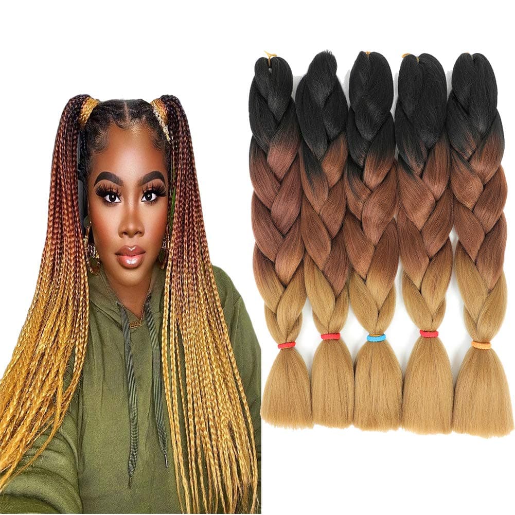 Ombre Braiding Hair Jumbo Braid Hair Synthetic Hair Extensions 5Pcs 100g/Pcs 24Inch (Black-Brown-Light Brown)