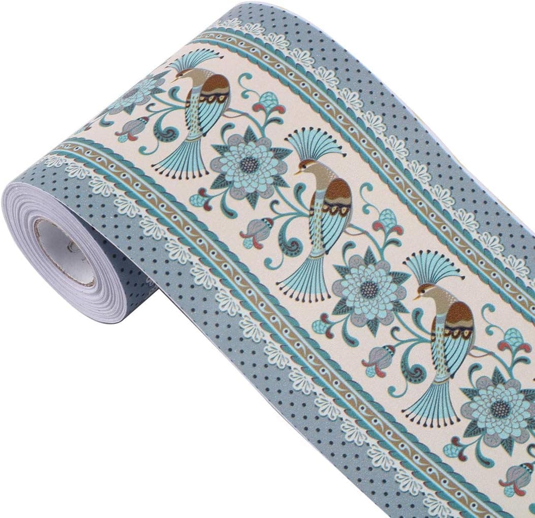 uxcell 3D Wall Paper Border Self Stick Wall Covering PVC Floor Borders for Kitchen Bathroom Bedroom Wall Decor Paper, Peacock Pale Blue, 3.94 Inch by 32.8 Feet