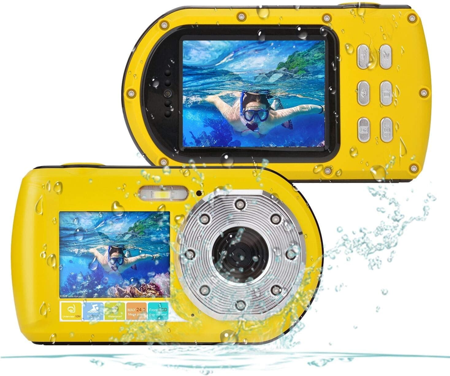 Waterproof Camera,Camking 24MP Full HD 1080P Underwater Camera 16X Zoom Sports Camera, Self-time Dual Display 2.7&2.0 Inch Screen DV Recording 10M(33Feet) Waterproof Digital Camera