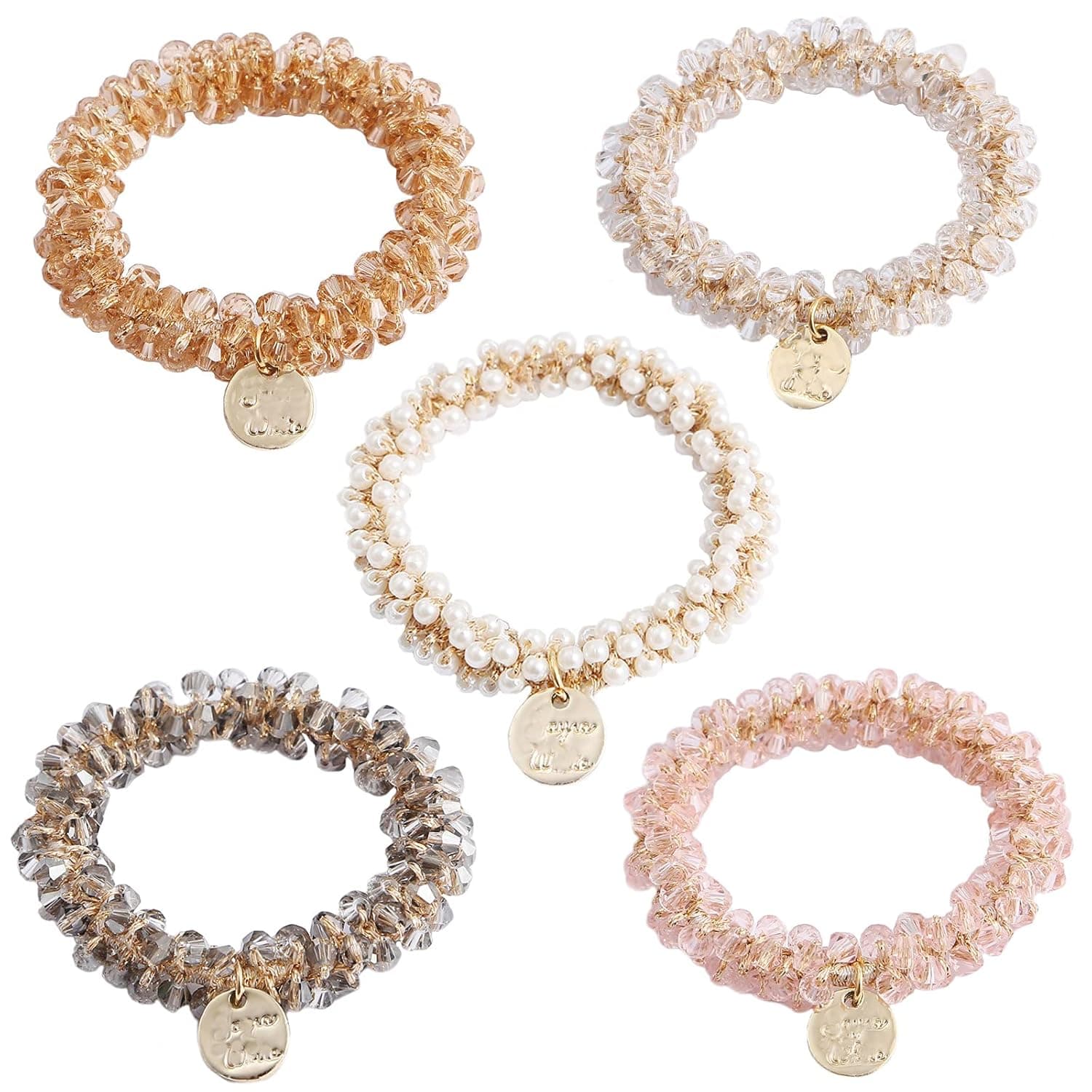 KuuGuu 5 PCS Crystal Pearl Hair Ties Elastic Hair Bands Scrunchies Hair Ropes Ponytail Holders Hair Accessories for Women and Girls