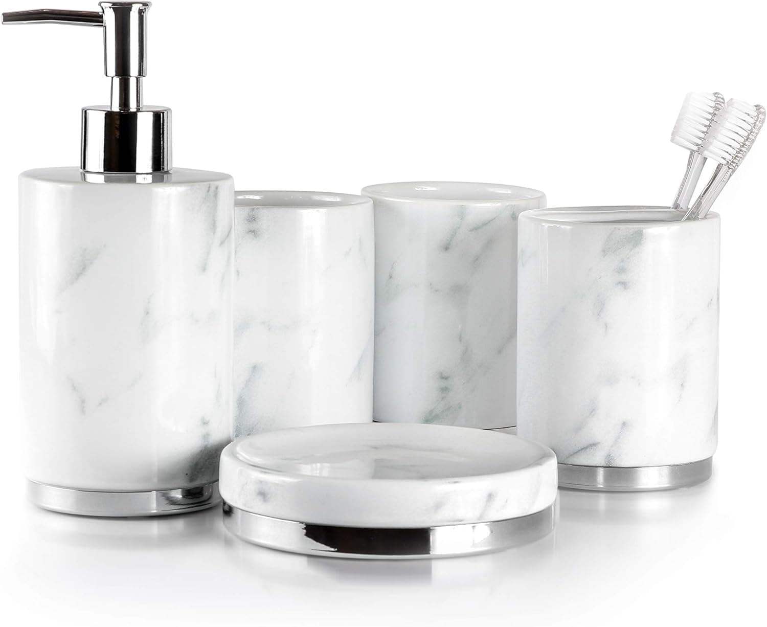 Willow&Ivory™ Bathroom Accessories Set | 5 Piece, Ceramic Bath Set | Toothbrush Holder, Soap Dispenser, Soap Dish, 2 Tumblers | Marble Collection