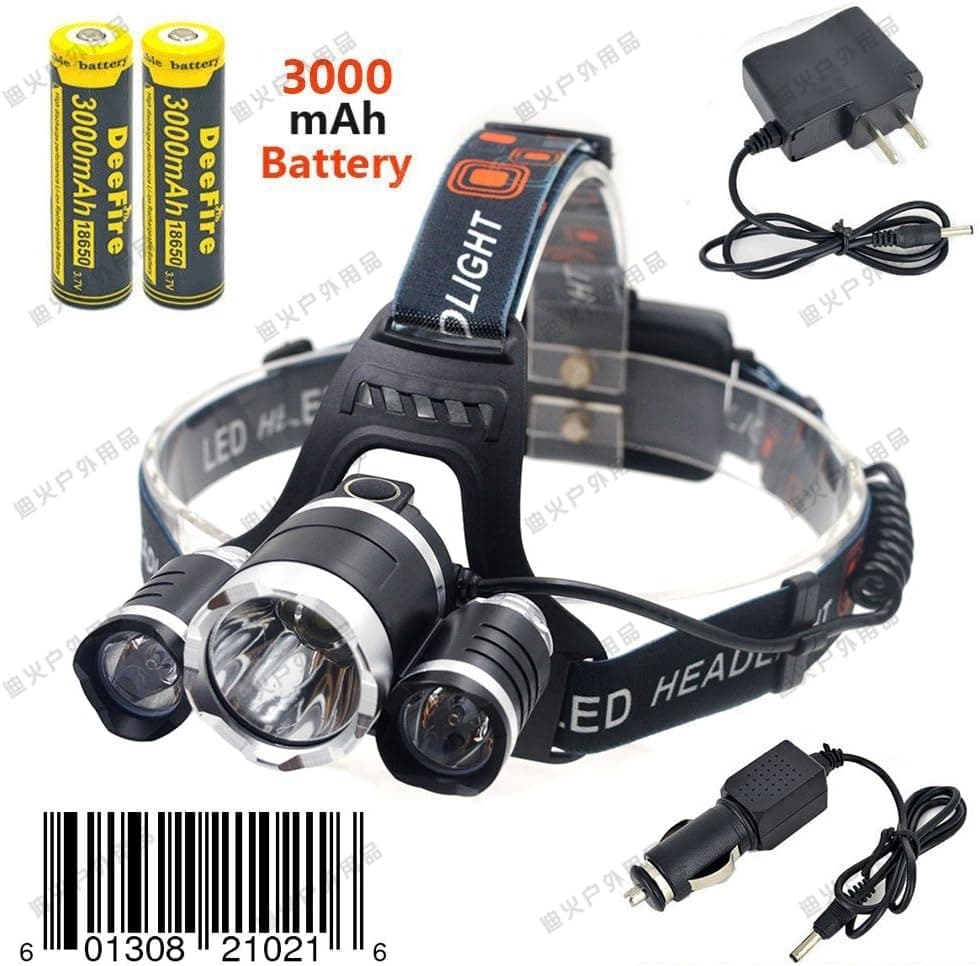 Bright LED Headlight Headlamp Flashlight 5000 Lumen Torch 3 CREE XM-L T6 LED with Rechargeable Batteries and Wall Charger for Hiking Camping Riding Fishing Hunting