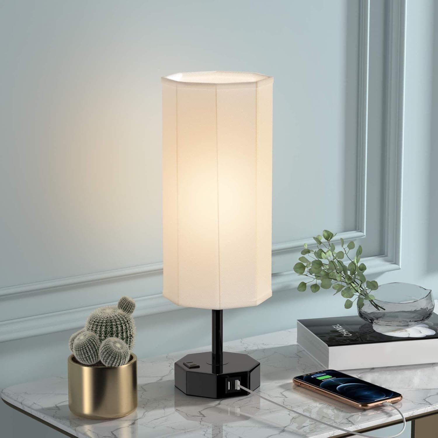 USB Touch Lamp with Outlet, Kakanuo Octagon Touch Bedside Table Lamp, Pure White 3 Way Dimmable Nightstand Lamp for Bedroom and Living Room (LED Bulb Included)