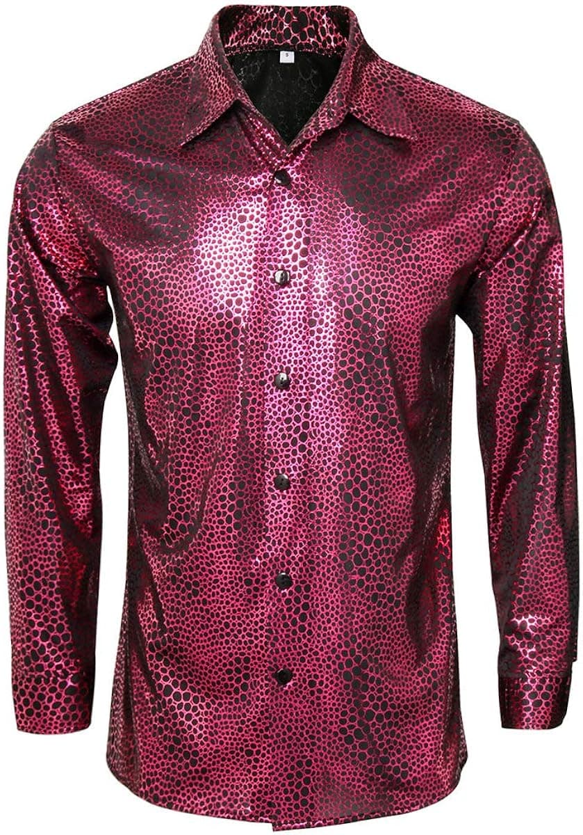 AMNPOLEN Mens Metallic Shiny Nightclub Costume Sequins Snakeskin Shirt Long Sleeve Slim Fit Button Down 70s Disco Party Props