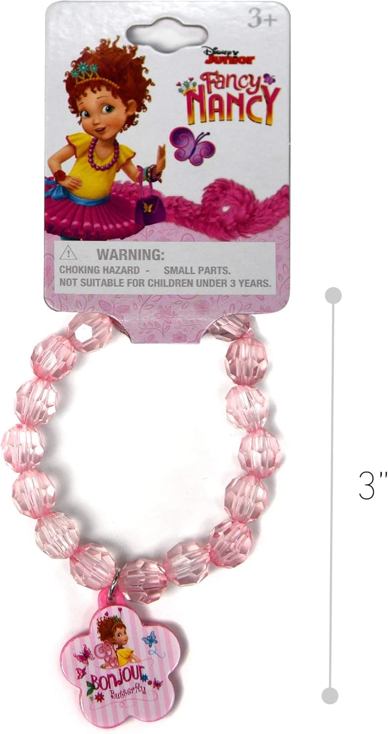Disney Fancy Nancy Elastic Faceted Beaded Jewelry Bracelets with Plastic Charm Bracelet for Pretend Play Fashion Accessory Novelty Party Favors Bag Fillers Little Girls Dress-Up (2 Items)