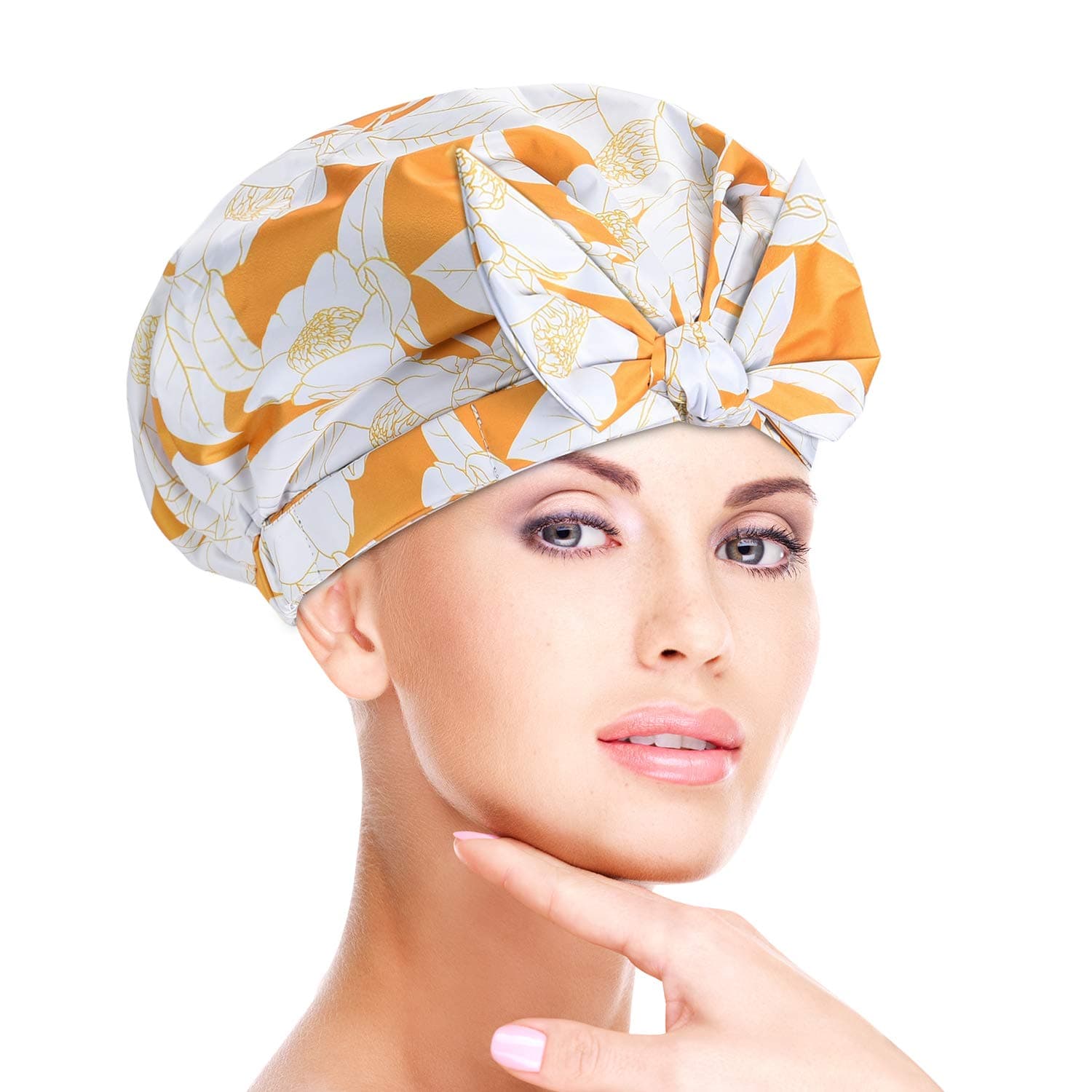 YANA Shower Cap for Women - Waterproof, Reusable Shower Caps (Floral-Yellow & White)