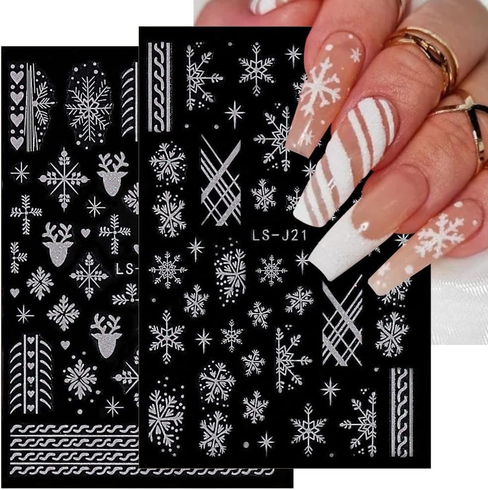 Christmas Nail Art Stickers 3D Christmas Snowflake Nail Sticker Christmas Nail Art Supplies Self Adhesive Nail Decals Elk Heart Winter Design Nail Art Decoration for Women & Girls 6 Sheets