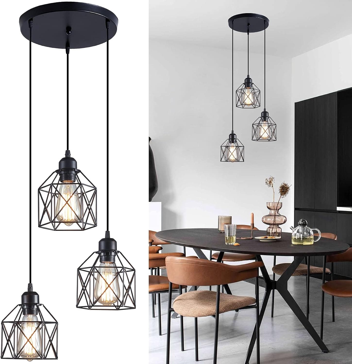 ZHU YAN Industrial Pendant Light,3-Light Pendant Light Black Metal Caged Pendant Lighting with Adjustable Hanging Light Fixtures for Kitchen Island Dining Room Bar E26 Base