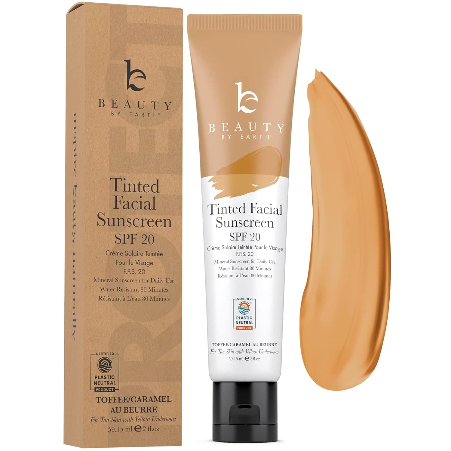 Tinted Sunscreen for Face - SPF 20 With Natural & Organic Ingredients Broad Spectrum Sunblock Lotion, Tinted Moisturizer Zinc Oxide Sunscreen Face for Skincare, Facial Sunscreen (Toffee)