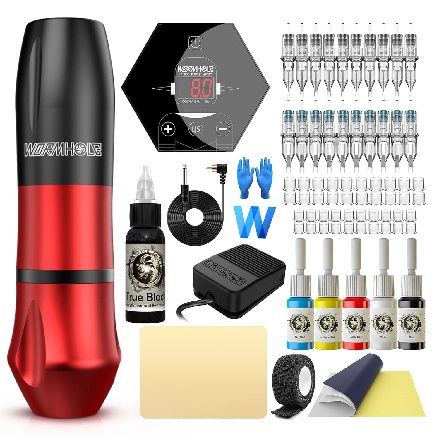 Tattoo Kit Tattoo Gun Kit Wormhole Tattoo Pen Kit Rotary Tattoo Machine Kit Complete Tattoo Kit with Tattoo Pen Tattoo Cartridge Needles Tattoo Power Supply Tattoo Ink Supplies WTK088