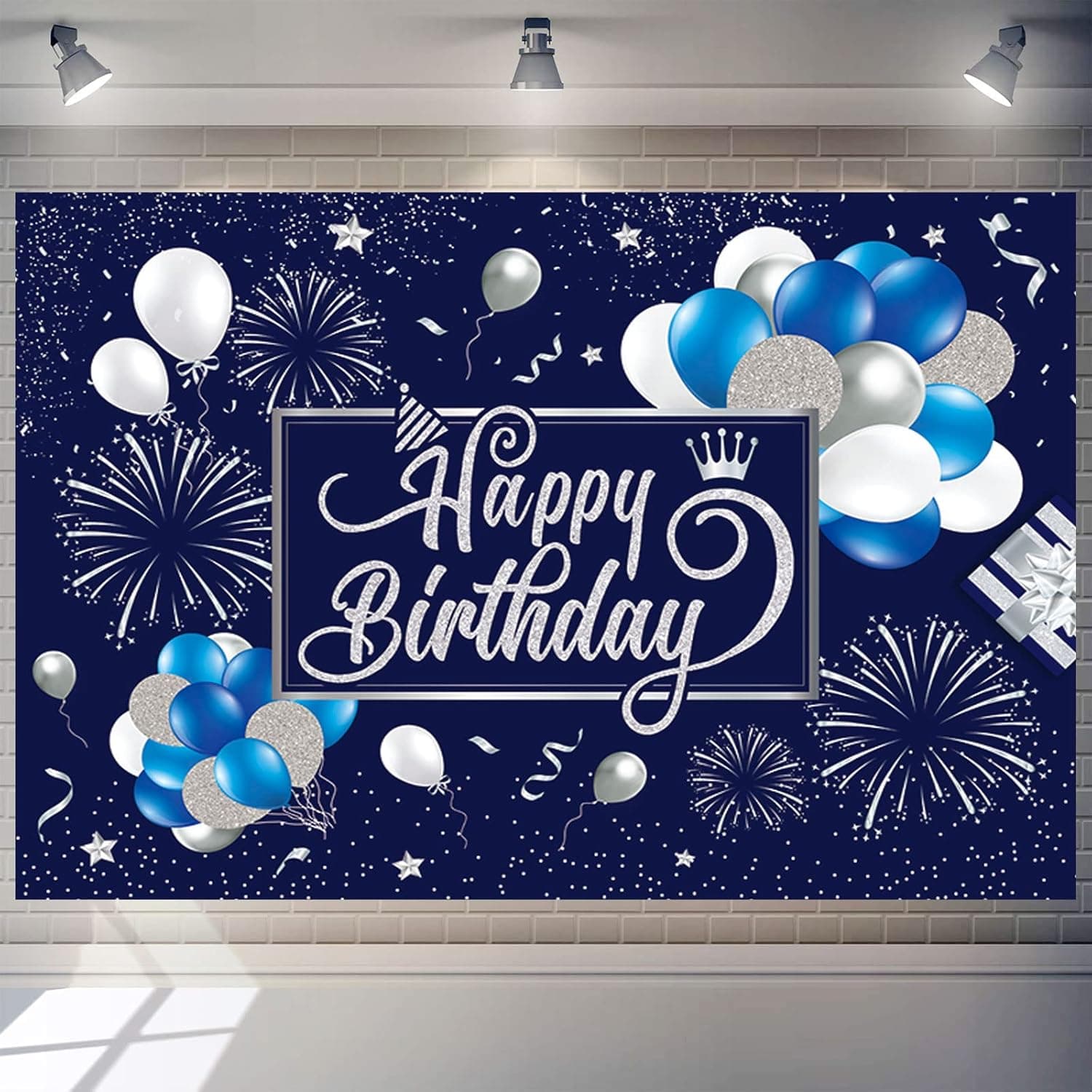 Happy Birthday Backdrop Banner Blue and Silver Happy Birthday Sign Glitter Balloon Fireworks Sign Birthday Photo Backdrop Backgroud Birthday Party Decoration Supplies for Children Men Women 7x5ft