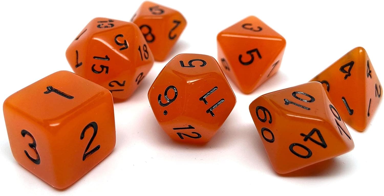 Glow in The Dark Polyhedral Dice Set - 7 Piece Dice Set with One D20, D12, D10, D8, D6, D4, and D00 (Orange with Black Font)