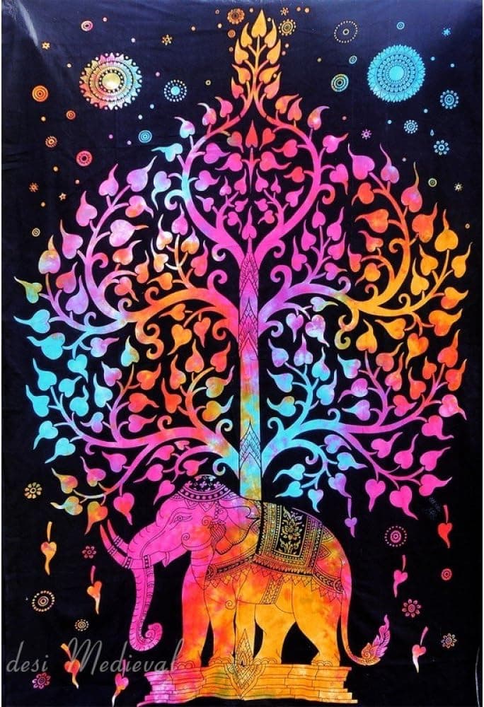 Jaipur Handloom Colorful Psychedelic tie dye Tapestry Elephant Tree Tapestry Wall Hanging Dorm Decor Boho Tapestry Hippie Tapestry Bohemian Bedspread Bedding Bed Cover Beach Coverlet Curtain Multi