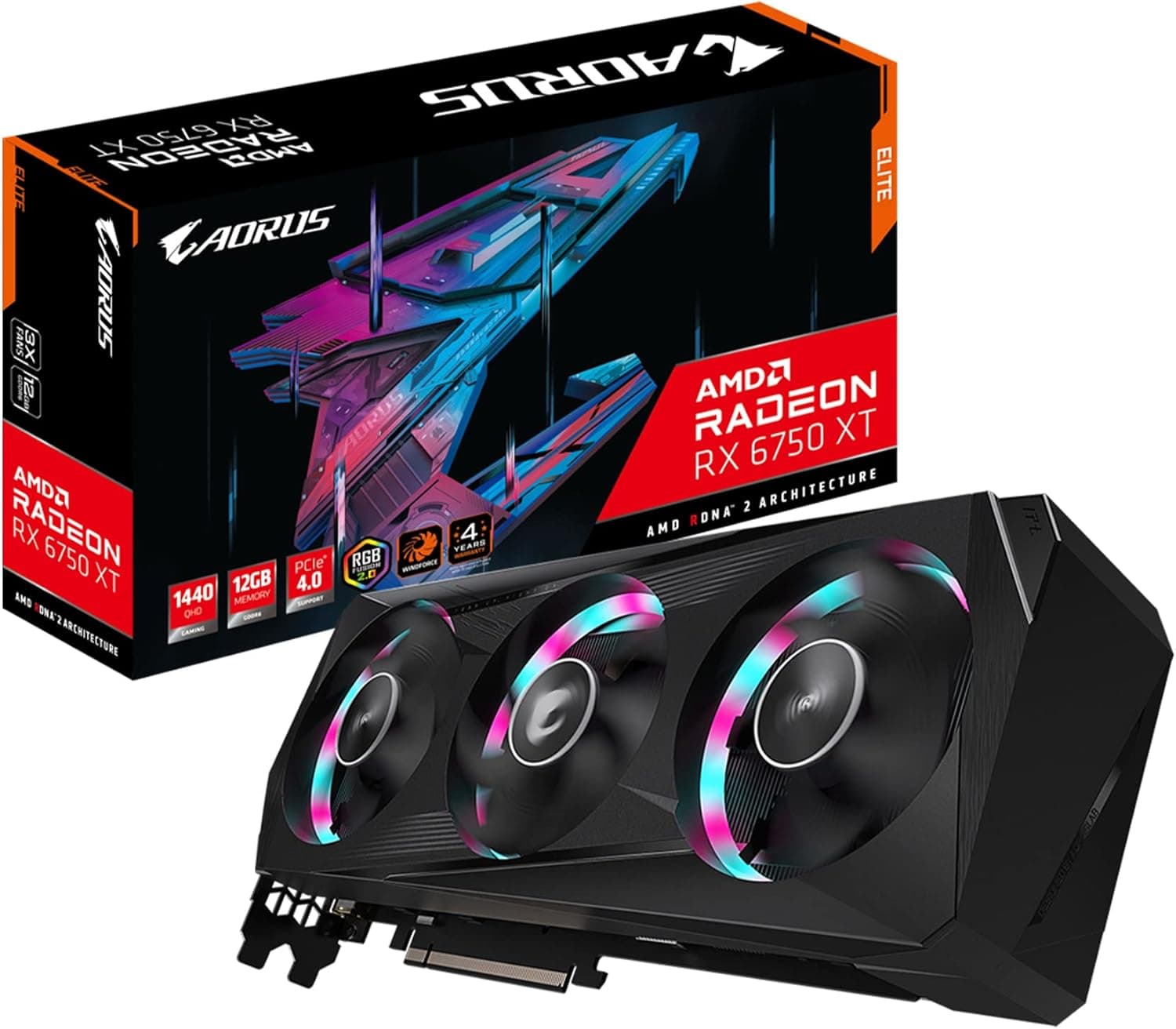 Gigabyte AORUS Radeon RX 6750 XT Elite 12G Graphics Card, WINDFORCE 3X Cooling System, 12GB 192-bit GDDR6, GV-R675XTAORUS E-12GD Video Card