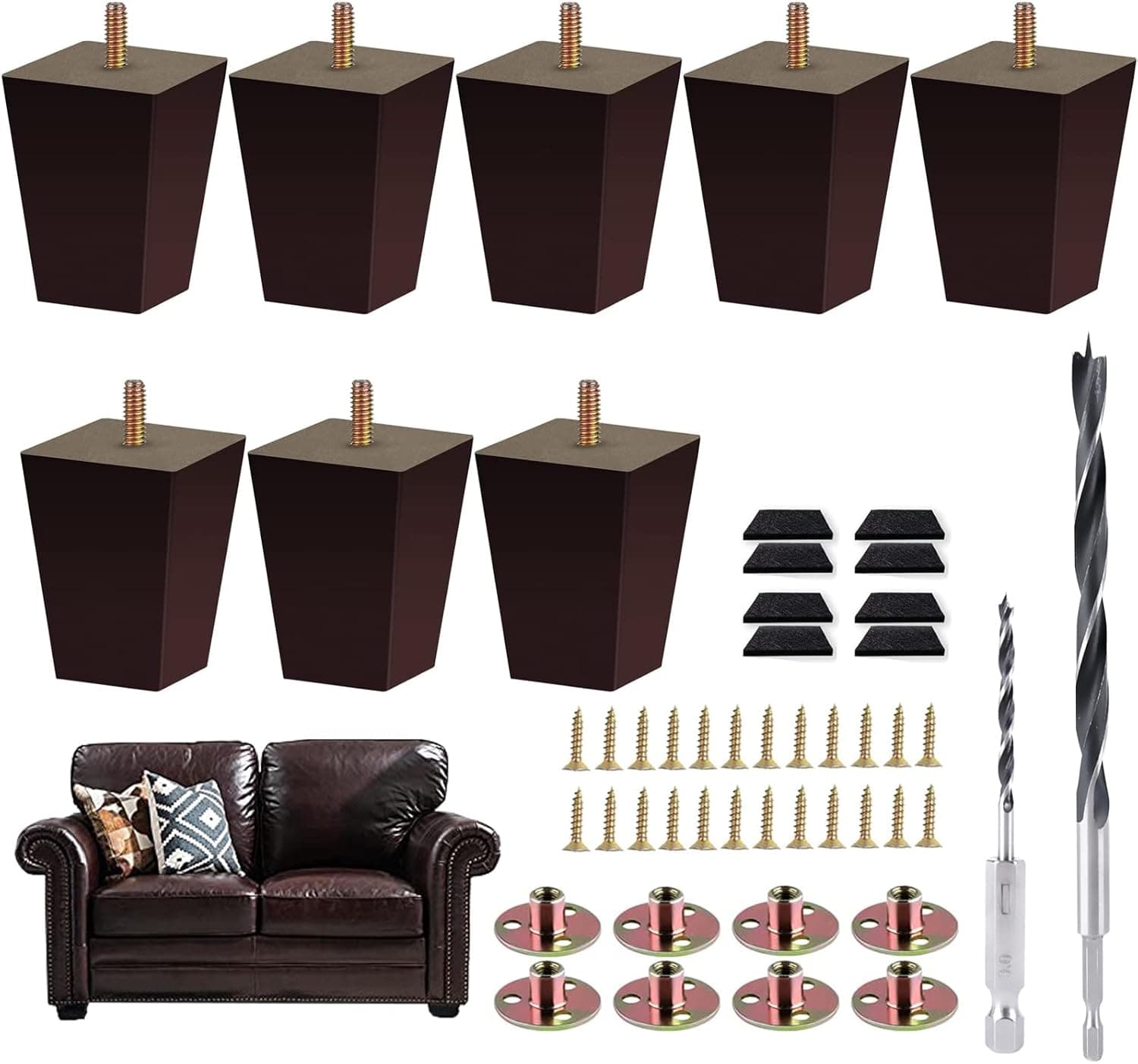 Txcucc Sofa Legs Square Bed Feet 3 inch Wood Replacement Leg for Furniture Set of 8, Dark Brown