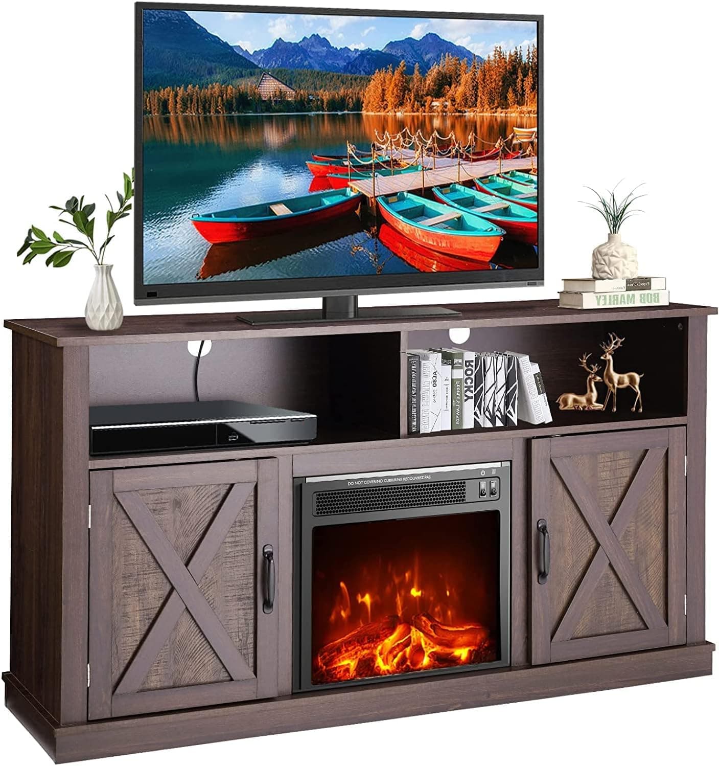 Lovinouse Fireplace TV Stand, Media Entertainment Center Console Table for TVs up to 65 Inch (Brown)