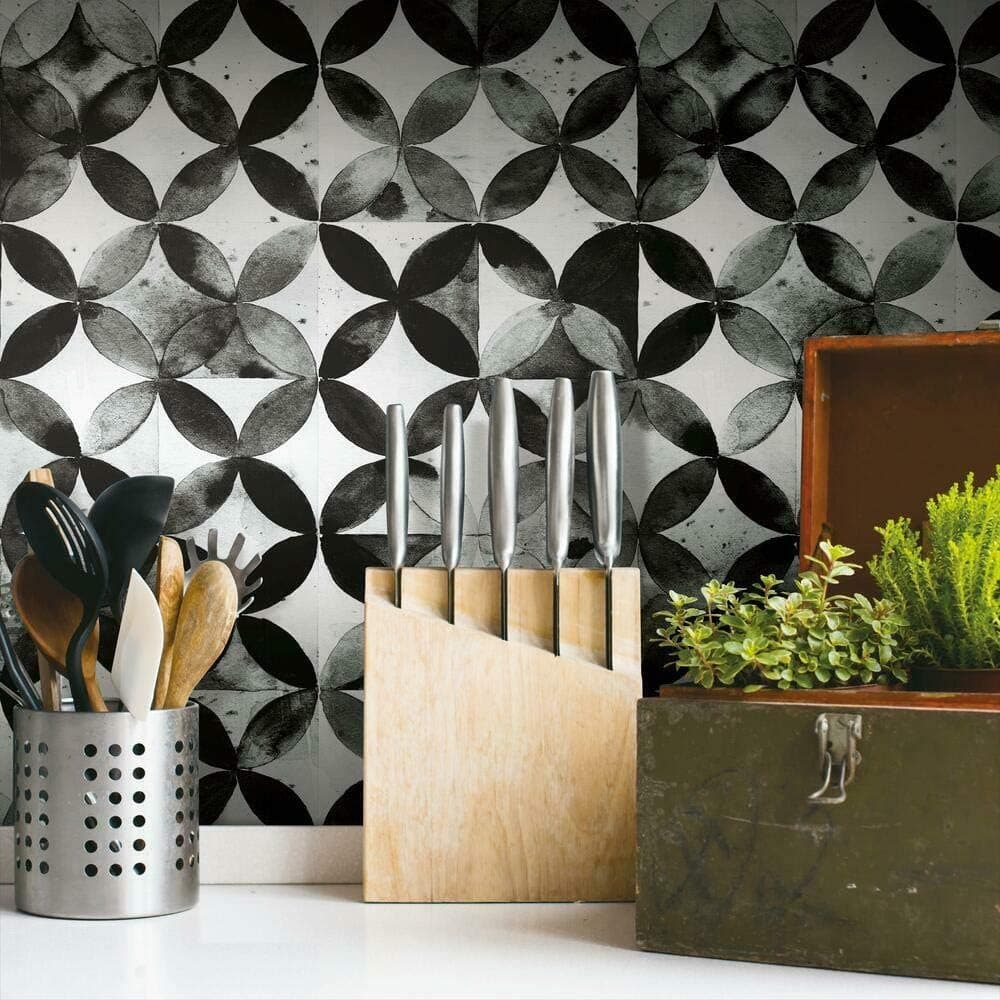 RoomMates RMK11353RL Paul Brent Black Moroccan Tile Peel and Stick Wallpaper