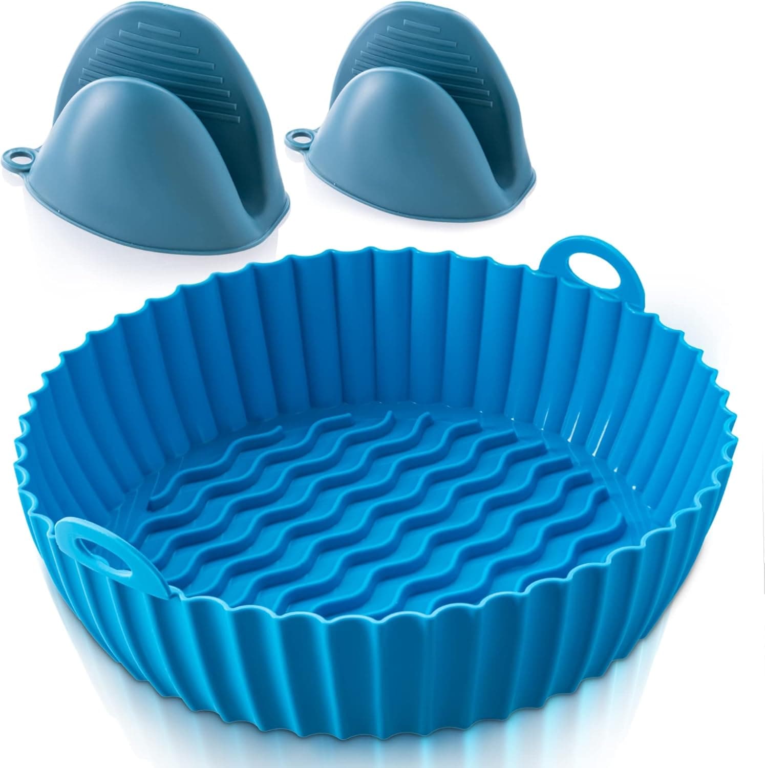 Air Fryer Silicone Pot with Handles - Replacement of Parchment Lines for Try Reusable Non-stick Pots Basket Instant Mat Baking Liner 7,8 Inch 2 Large Cooking Mitts Easy Cleaning Resistant, Blue