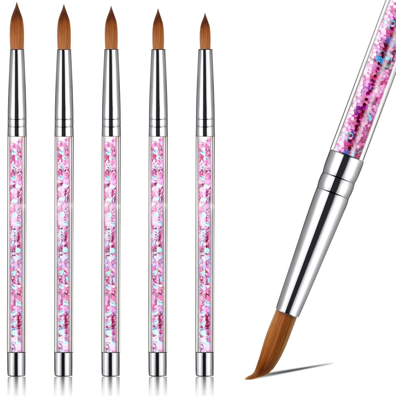 5 Pieces Acrylic Nail Brush for Acrylic Powder Nail Design Brush Painting Drawing Pens For Acrylic Application UV Gel Acrylic Brushe with Glitter Handle For Nail Design (Pink)