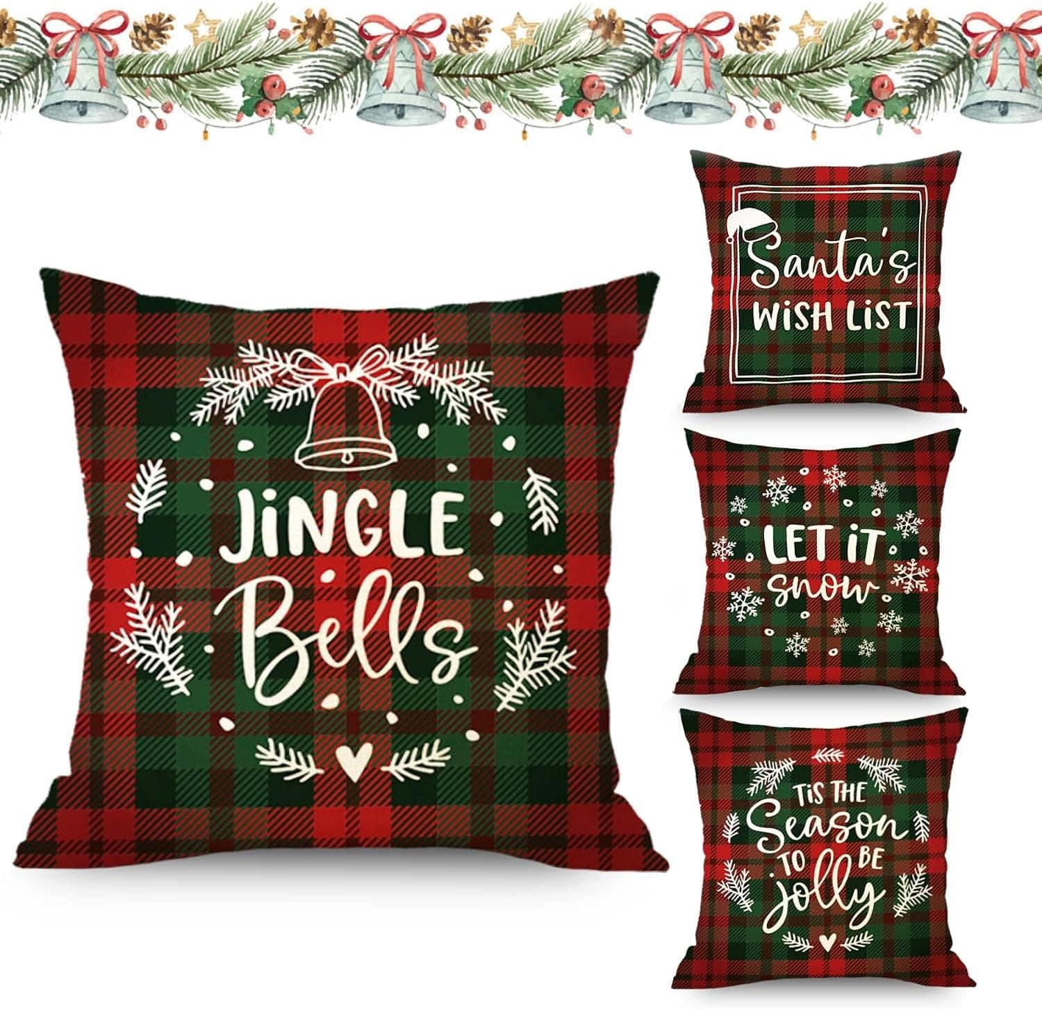 iECO Christmas Decorations Pillow Covers - Pack of 4 Square Pillowcase Soft Cushion Case for Sofa Bedroom Car Indoor Decorative Pillows, 18 x 18 Inch