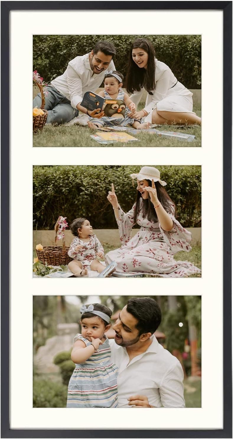 Frametory, 7x14 Picture Frame - for Three 4x6 Photos, Aluminum Metal Molding - Three Opening Ivory Mat - Wall Display - Great for Wedding, Graduation, Engagement Photographs (Black)
