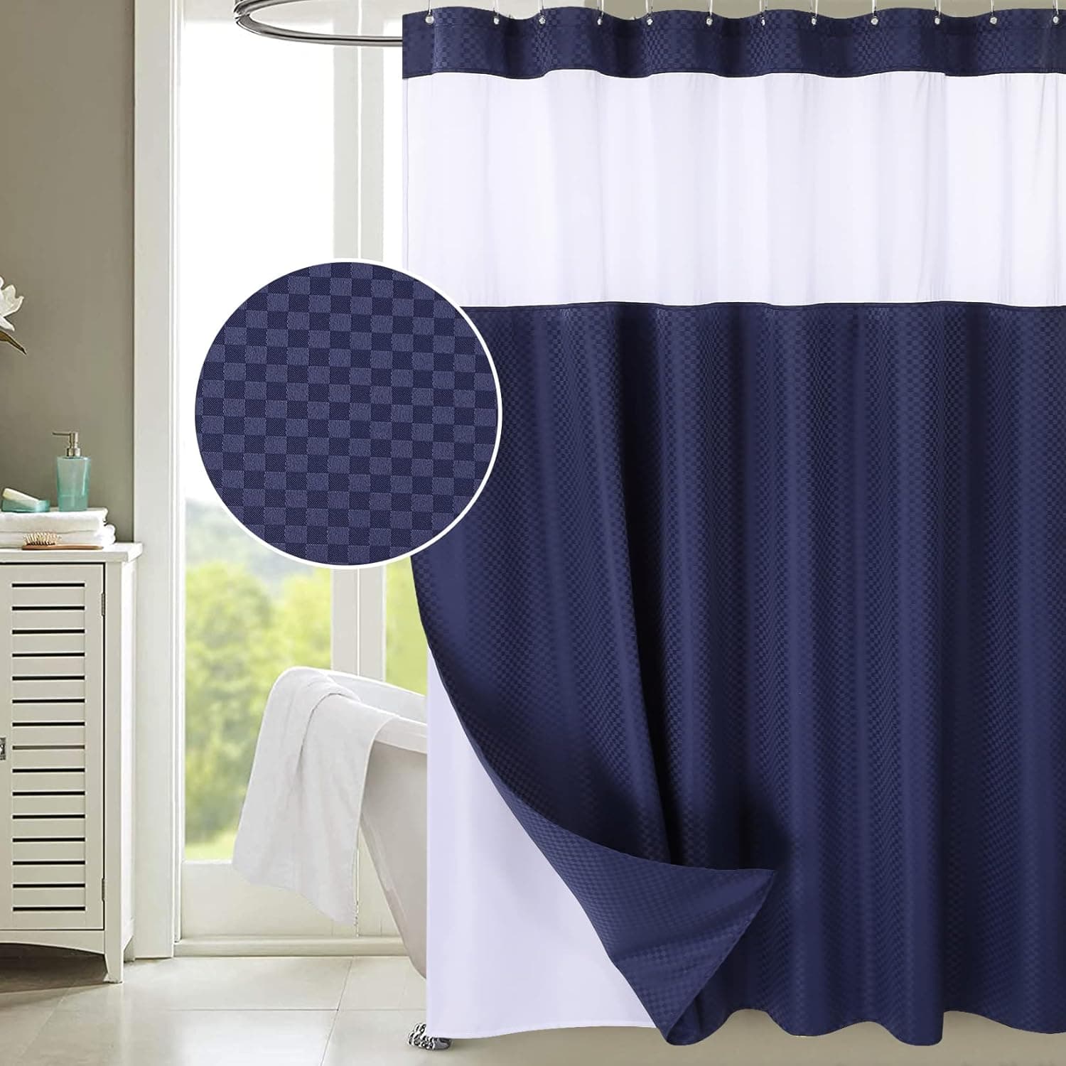 Haperlare Extra Long Shower Curtain with Snap-in Fabric Liner Set, Heavy Weight 84 Inches Water Resistant Shower Curtains Machine Washable, 72W x 84L, Navy