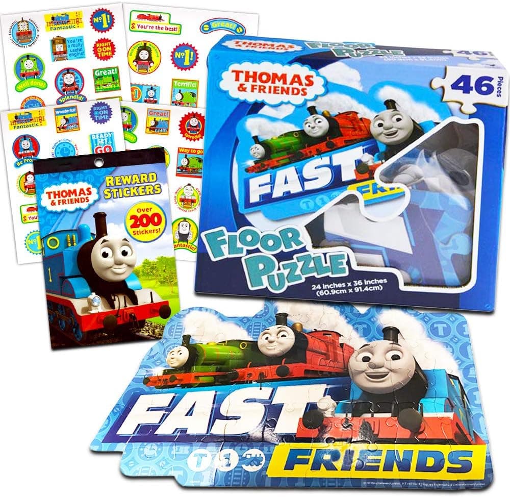 Thomas the Train Floor Puzzle Set -- Giant Puzzle and over 100 Thomas and Friends Reward Stickers for Kids Toddlers (3 Foot, 46 Pieces)